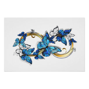 Symbol Unendlichkeit von blauen Morpho-Schmetterli Poster