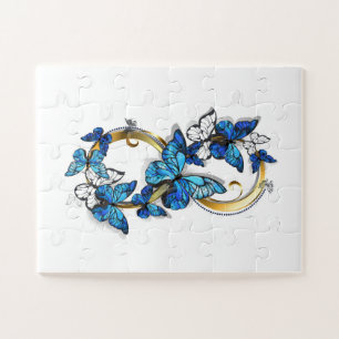 Symbol Unendlichkeit von blauen Morpho-Schmetterli Puzzle