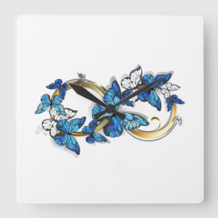 Symbol Unendlichkeit von blauen Morpho-Schmetterli Quadratische Wanduhr