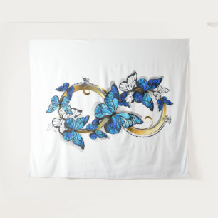 Symbol Unendlichkeit von blauen Morpho-Schmetterli Wandteppich