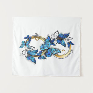 Symbol Unendlichkeit von blauen Morpho-Schmetterli Wandteppich