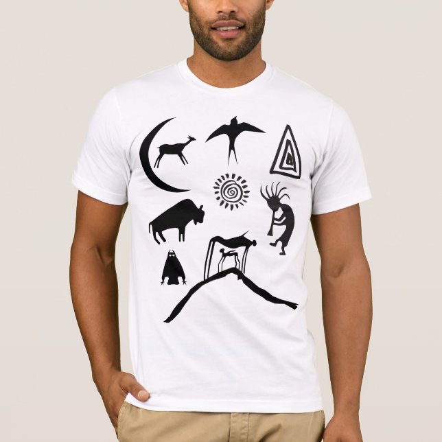 Symbole und T - Shirt tierischer Petroglyphen (Vorderseite)