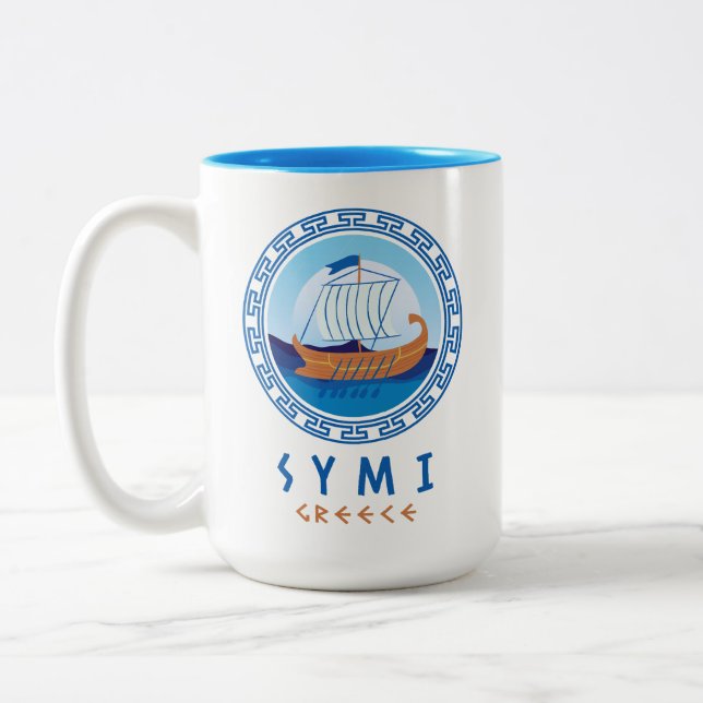 Symi, Griechenland, griechisches Schiffsdesign Zweifarbige Tasse (Links)