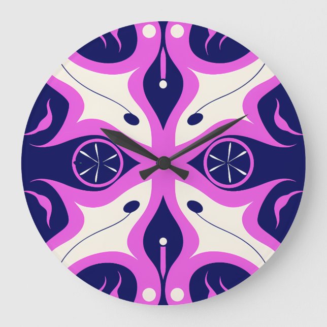 Symmetrical Abstract Pattern in Purple and White Große Wanduhr (Vorderseite)