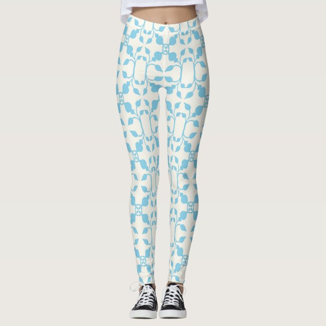 Symmetrische blaue Flora Leggings (Vorderseite)