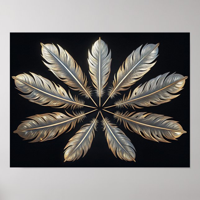 Symmetrische Federn: Golden & Silver Elegance Poster (Vorne)