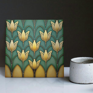 Symmetrische gelbe Tulips-Wanddekoration Art Deco Fliese
