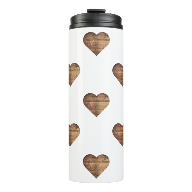 Symmetrische große rustikale braune Holzherzen Thermosbecher (Vorderseite)