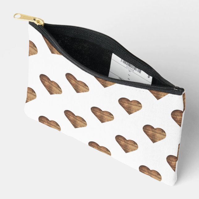 Symmetrische große rustikale braune Holzherzen Zubehörtasche (Offen)