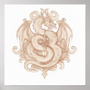 Symmetrische heraldische Kunst: gotisches Drachene Poster