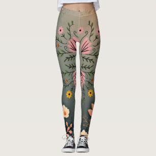 Symmetrische volkstümliche botanische Illustration Leggings