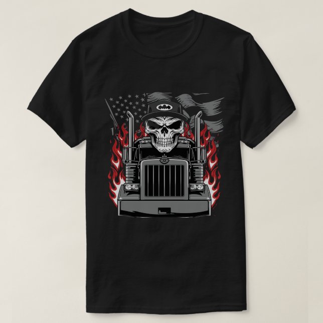 Symmetrischer Schädel und LKW mit Graustufen-Flagg T-Shirt (Design vorne)