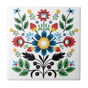 Symmetrischer Volkskunst-Blumenstrauß Fliese