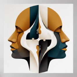 Symmetrisches abstraktes Portrait in Ocker und Sch Poster