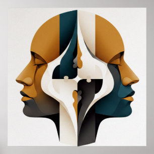 Symmetrisches abstraktes Portrait in Ocker und Sch Poster