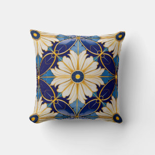 Symmetrisches Art Deco Blue Gold Floral Muster Kissen