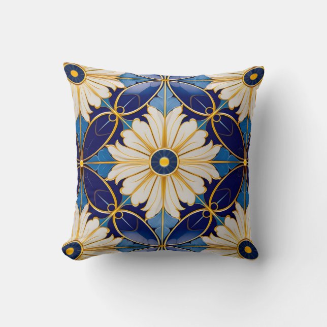 Symmetrisches Art Deco Blue Gold Floral Muster Kissen (Vorderseite)