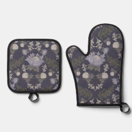 Symmetrisches dunkelviolettes Blumenmuster Ofenhandschuh & Topflappen-Set