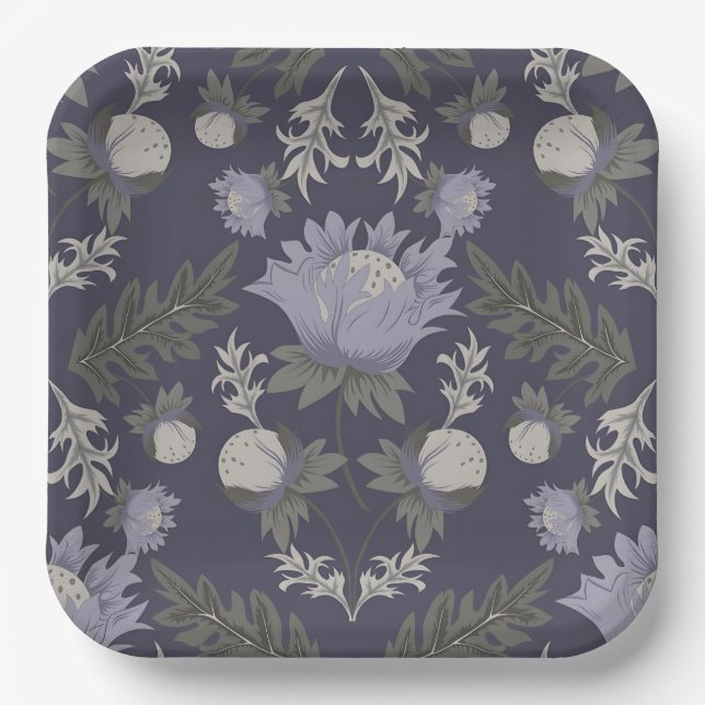 Symmetrisches dunkelviolettes Blumenmuster Pappteller (Vorderseite)