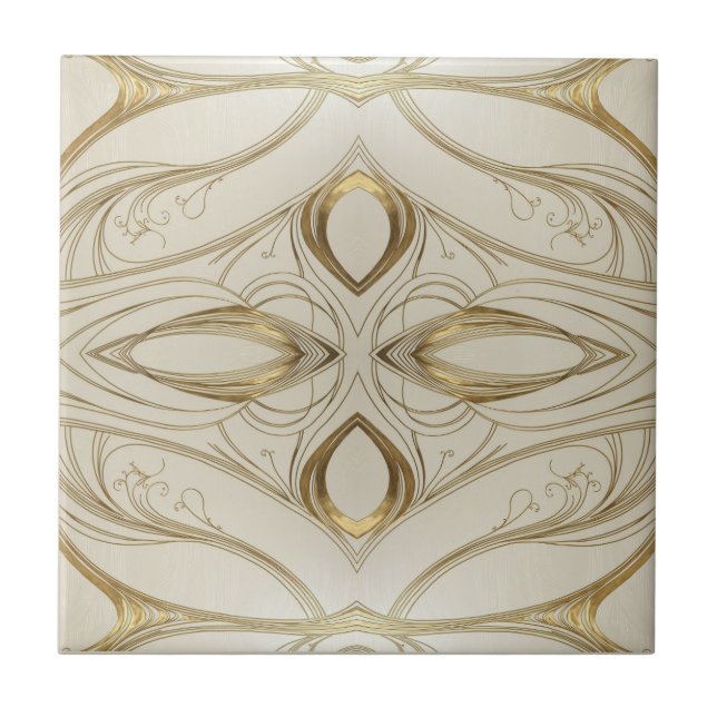 Symmetrisches Jugendstil-Muster in Gold und Beige Fliese (Vorderseite)