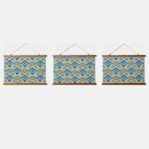 symmetrisches Textildesign mit blau und oder Wandteppich Mit Holzrahmen