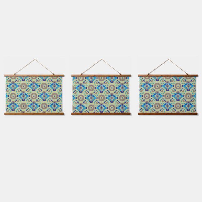symmetrisches Textildesign mit blau und oder Wandteppich Mit Holzrahmen (Dreifach)