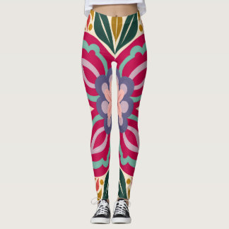 Symmetrisches Volkskunst-Blumenmedaillon Leggings
