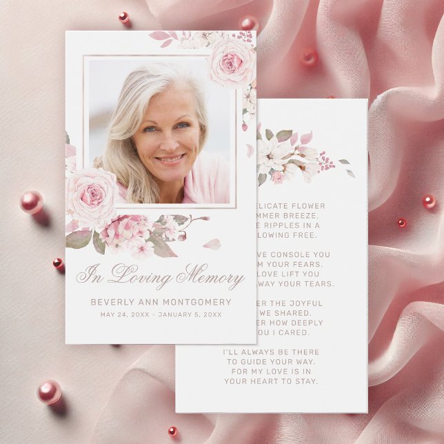 Sympathy Elegant Pink Rose Floral Foto Poem Card (Elegant Pink Rose Floral Photo Funeral Card with Poem)