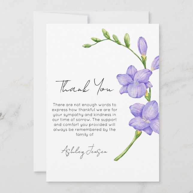 Sympathy Freesia Photo Funeral Thank You Card Dankeskarte (Rückseite)
