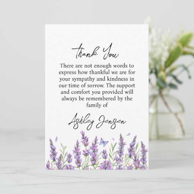 Sympathy Lavender Funeral Thank You Card Dankeskarte (Stehend Vorderseite)