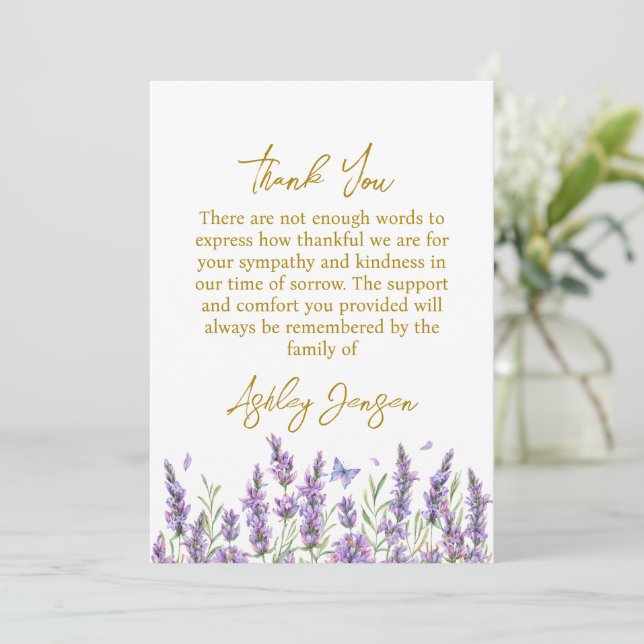 Sympathy Lavender Funeral Thank You Card Dankeskarte (Stehend Vorderseite)
