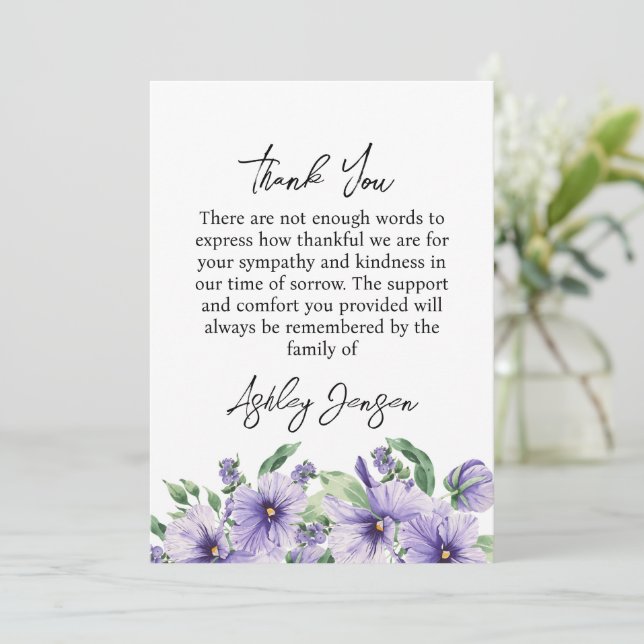 Sympathy Pansy Funeral Thank You Card Dankeskarte (Stehend Vorderseite)