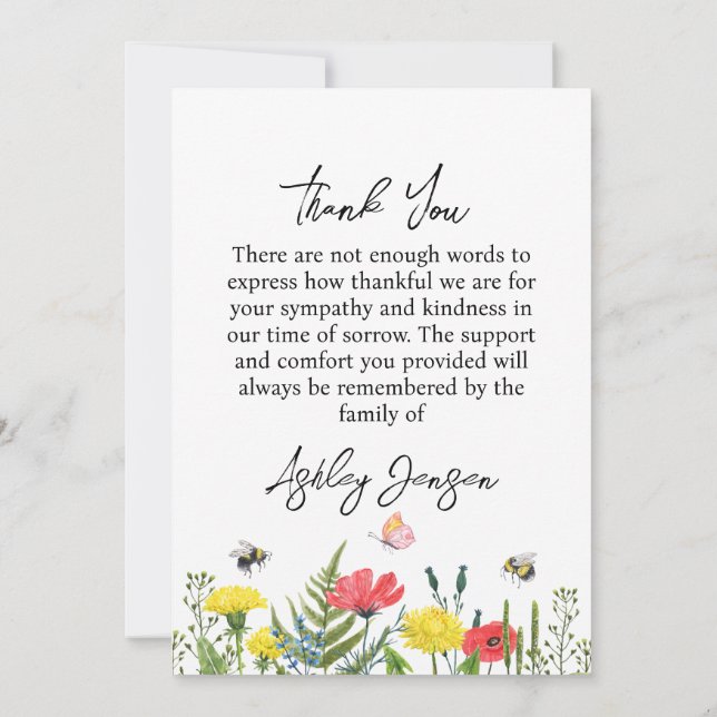 Sympathy Wildflower Funeral Thank You Card Dankeskarte (Rückseite)