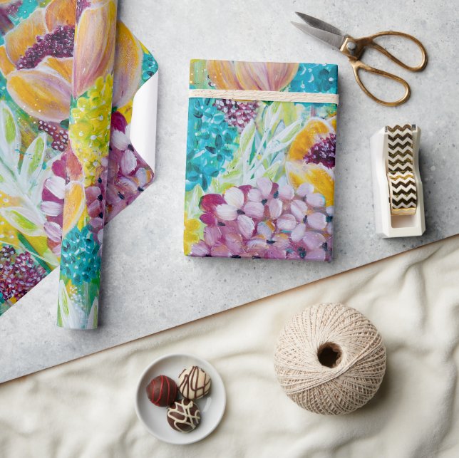Symphony Hydrangea Poppy Floral Wrapping Paper Geschenkpapier (Kunsthandwerk)