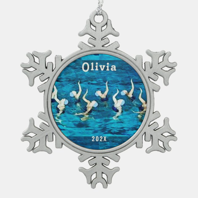 Synchronschwimmen Schneeflocken Zinn-Ornament (Vorderseite)