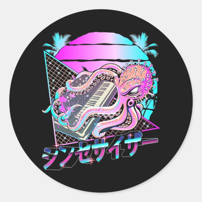 Synthesizer Octopus Vaporwave Kraken Analog Synth Runder Aufkleber (Vorderseite)