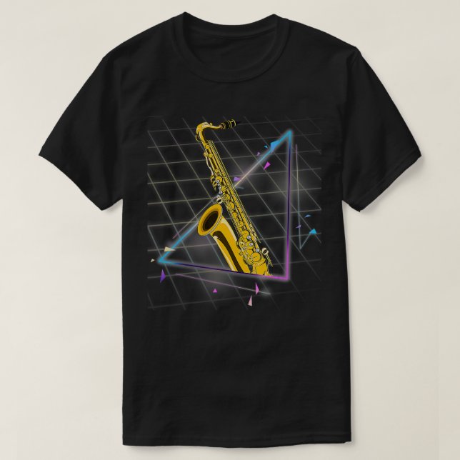 Synthwave 90er Jahre Saxophonist Jazz Musiker Saxo T-Shirt (Design vorne)