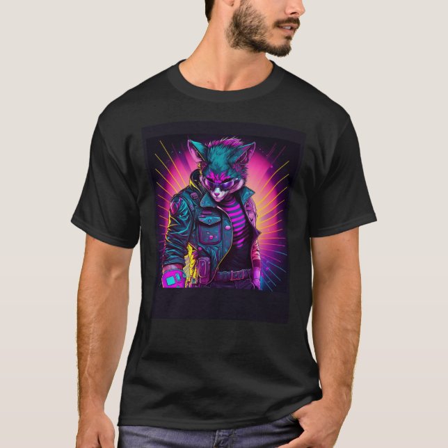 Synthwave Cat Retro 80er Vibe T-Shirt (Vorderseite)