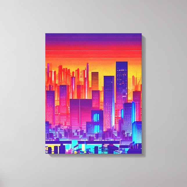 Synthwave/Cyberpunk City at Sunset Leinwanddruck (Vorderseite)
