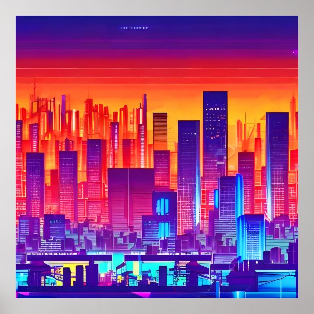 Synthwave/Cyberpunk City at Sunset Poster (Vorne)