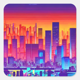 Synthwave/Cyberpunk City at Sunset Quadratischer Aufkleber