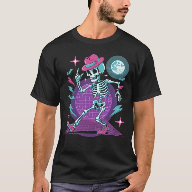 Synthwave Dancing Skeleton Retro 80er Halloween T-Shirt (Vorderseite)