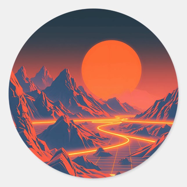 Synthwave Landschaft mit Neon Mountains Runder Aufkleber (Vorderseite)