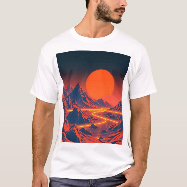 Synthwave Landschaft mit Neon Mountains T-Shirt (Vorderseite)