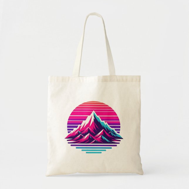 Synthwave Mountain Tote Bag – Retro Sunset Vibes Tragetasche (Vorne)