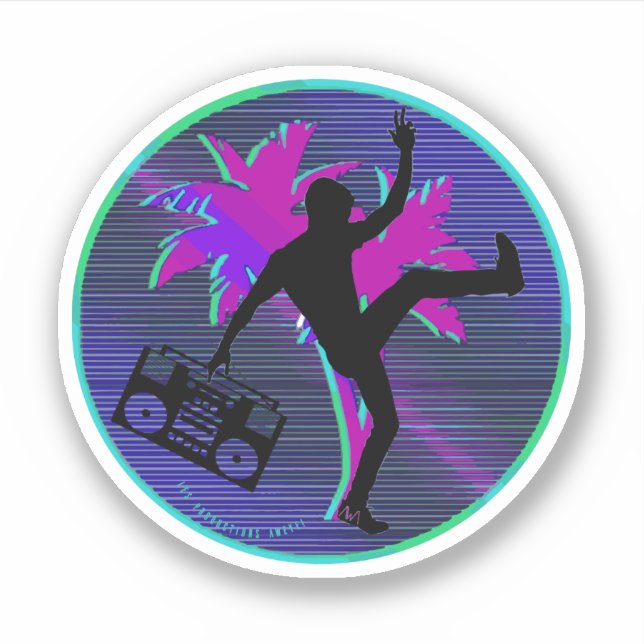 Synthwave Nebel Boombox Rundaufkleber 80er | Logo Aufkleber (Vorderseite)