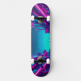 Synthwave Neon City Cyberpunk Industrial Skateboard