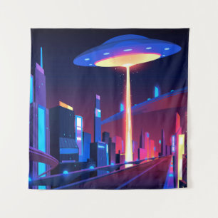 Synthwave Neon City: UFO Wandteppich