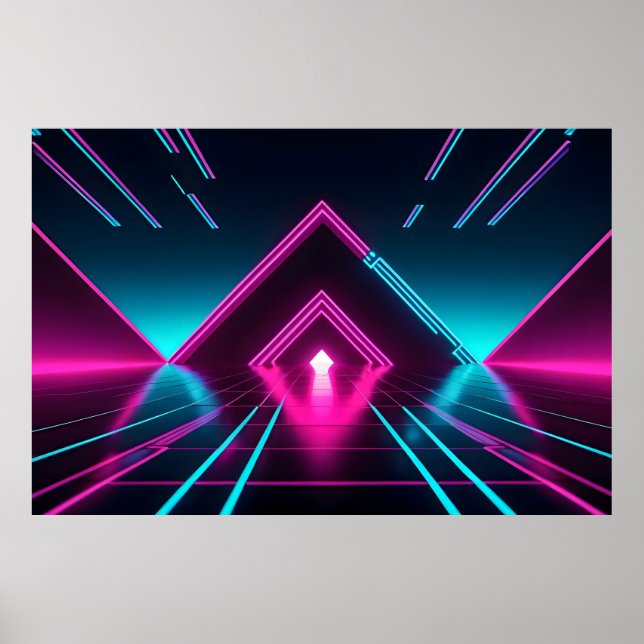 Synthwave Neon-Tunnel Leuchtende Pyramide Abstrakt Poster (Vorne)