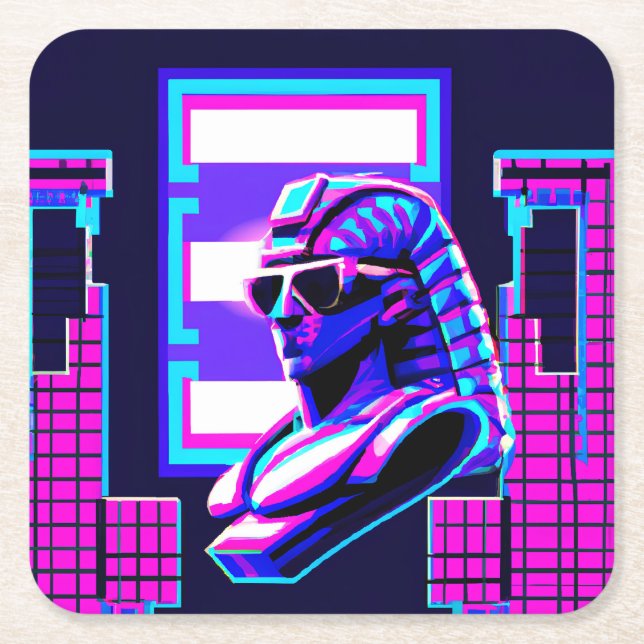 Synthwave-Pharao Rechteckiger Pappuntersetzer (Vorderseite)